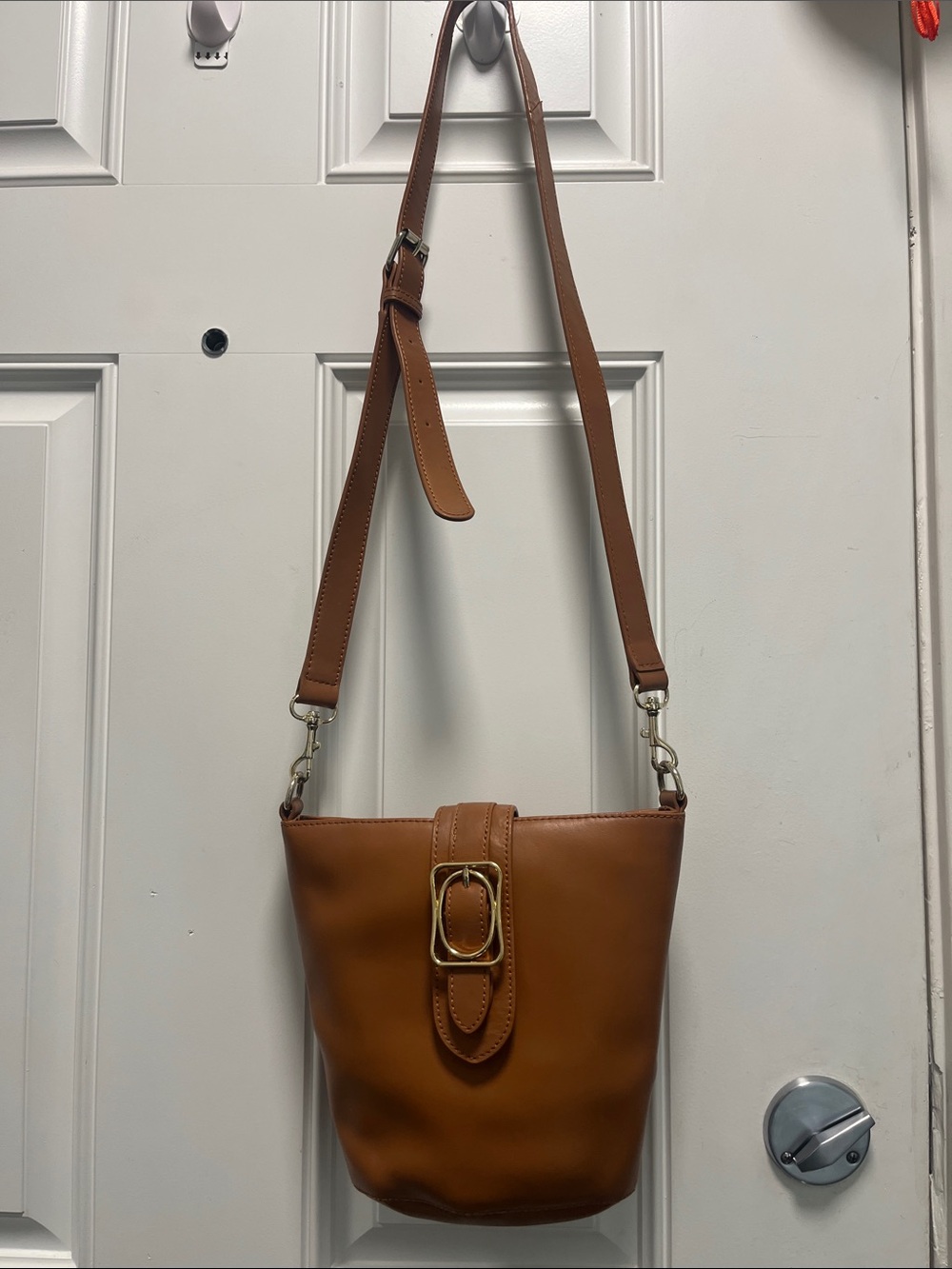 Talbots Cognac Brown Bucket Crossbody with Gold Buckle